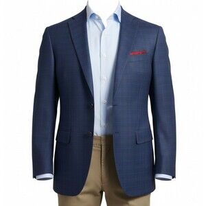 DKNY Mens Blazer Sport Coat 2-Button Jacket Windowpane 44L Navy/Blue Plaid WOOL